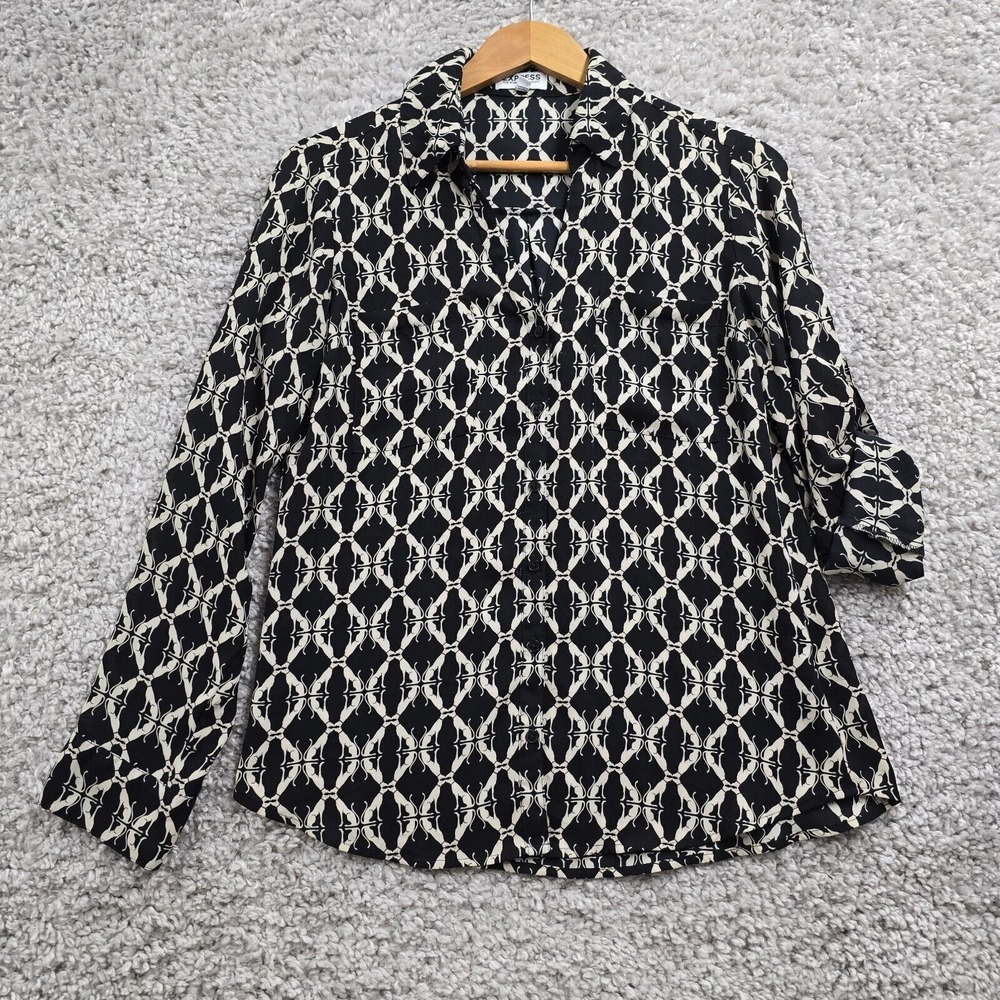 Express Portofino Shirt Women Medium Black White Cat Print Slim Fit Professional
